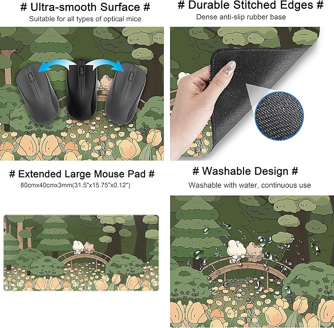 Anime Forest Desk Mat,Cute Green Mouse Pad,Kawaii Aesthetic Full Desktop Pad XXL Gaming Mousemat XL, Extended Korean Animals Bear Bunny Keyboard Mat Large 31.5x15.7 Inch Non-Slip&Stitched Edges
