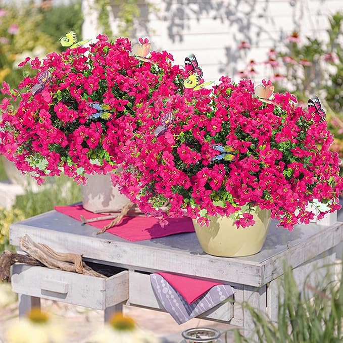 ‌20 Bundles Artificial Flowers for Outdoors‌ with 6 Faux Butterflies, UV Resistant ‌Fake Flowers‌ with Eucalyptus Leaves, ‌Artificial Plants Outdoor‌ for Patio Garden Porch Home Decor (Rose Red)