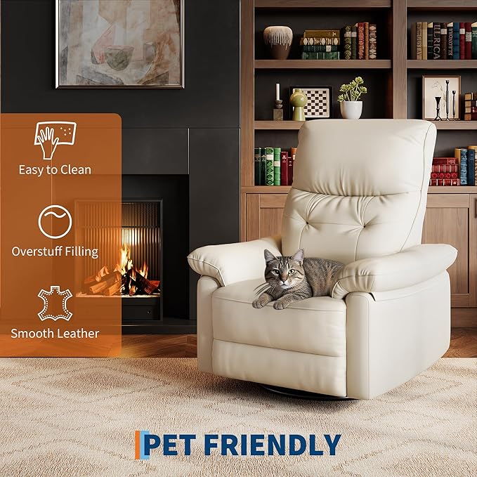 GarveeHome Recliner Chair, 360° Swivel Rocker Glider Nursery Chair with Padded Armrest and Deep Seat, PU Leather Upholstered Reclining Sofa Chair for Living Room, Bedroom and Nursery (Cream)