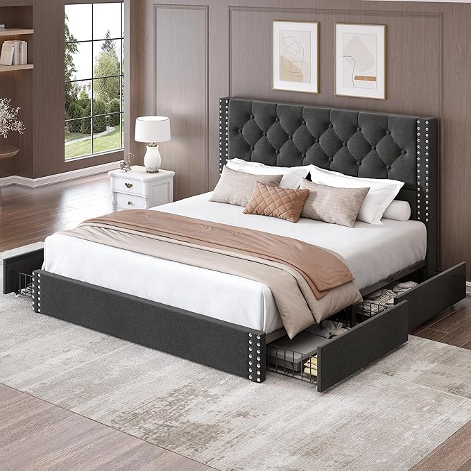 LARMACE Full Size Bed Frame Upholstered Platform Bed with 4 Storage Drawers and Tufted Headboard Linen Bed Frame with Heavy Duty Wood Slats, No Box Spring Needed, Easy Assembly, Dark Grey