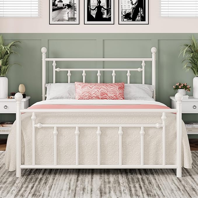 Allewie 14 Inch Queen Size Metal Platform Bed Frame with Victorian Vintage Headboard and Footboard/Mattress Foundation/Under Bed Storage/No Box Spring Needed/Easy Assembly/Noise Free/White