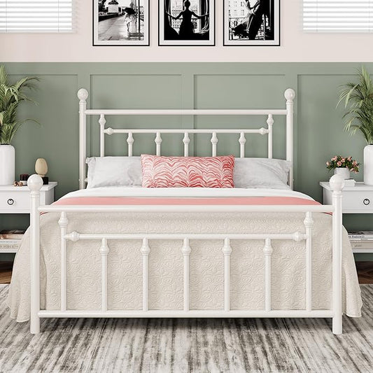 Allewie 14 Inch Queen Size Metal Platform Bed Frame with Victorian Vintage Headboard and Footboard/Mattress Foundation/Under Bed Storage/No Box Spring Needed/Easy Assembly/Noise Free/White