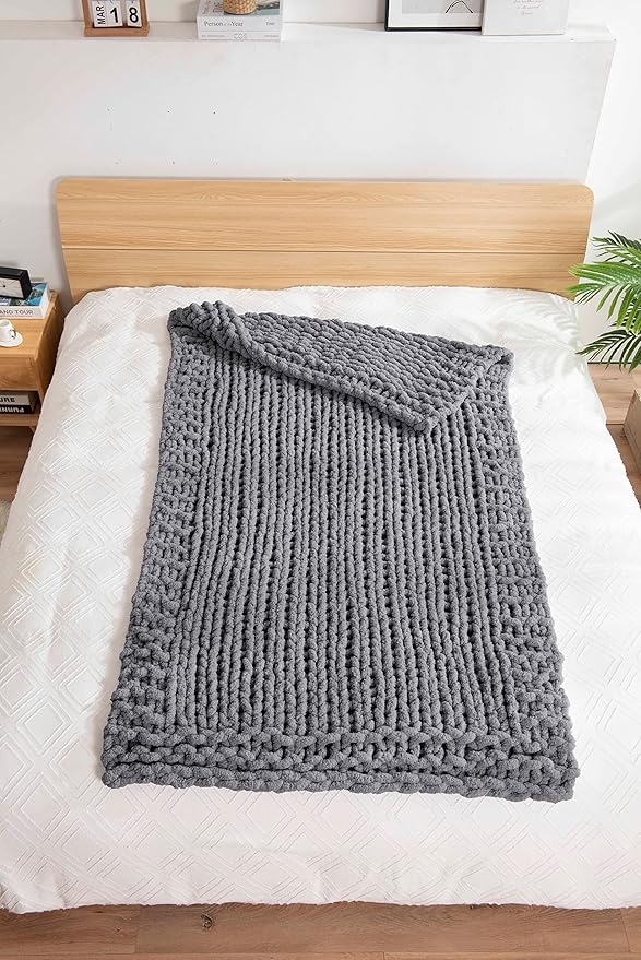 clootess Chunky Knit Blanket Chenille Throw - Warm Soft Cozy for Sofa Bed Boho Home Decor (Dark Grey 40x60 in)