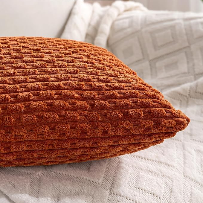 Set of 4 Burnt Orange Decorative Throw Pillow Covers 18x18 Inch Corduroy Pillow Covers for Bed Couch Sofa Living Room Soft Square Cushion Cases