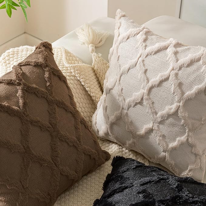 Set of 2 Soft Moroccan Throw Pillow Covers 18x18 Inch Plush Boho Decorative Pillow Cover Accent Cushion Case for Couch Sofa Bed, Deep Brown