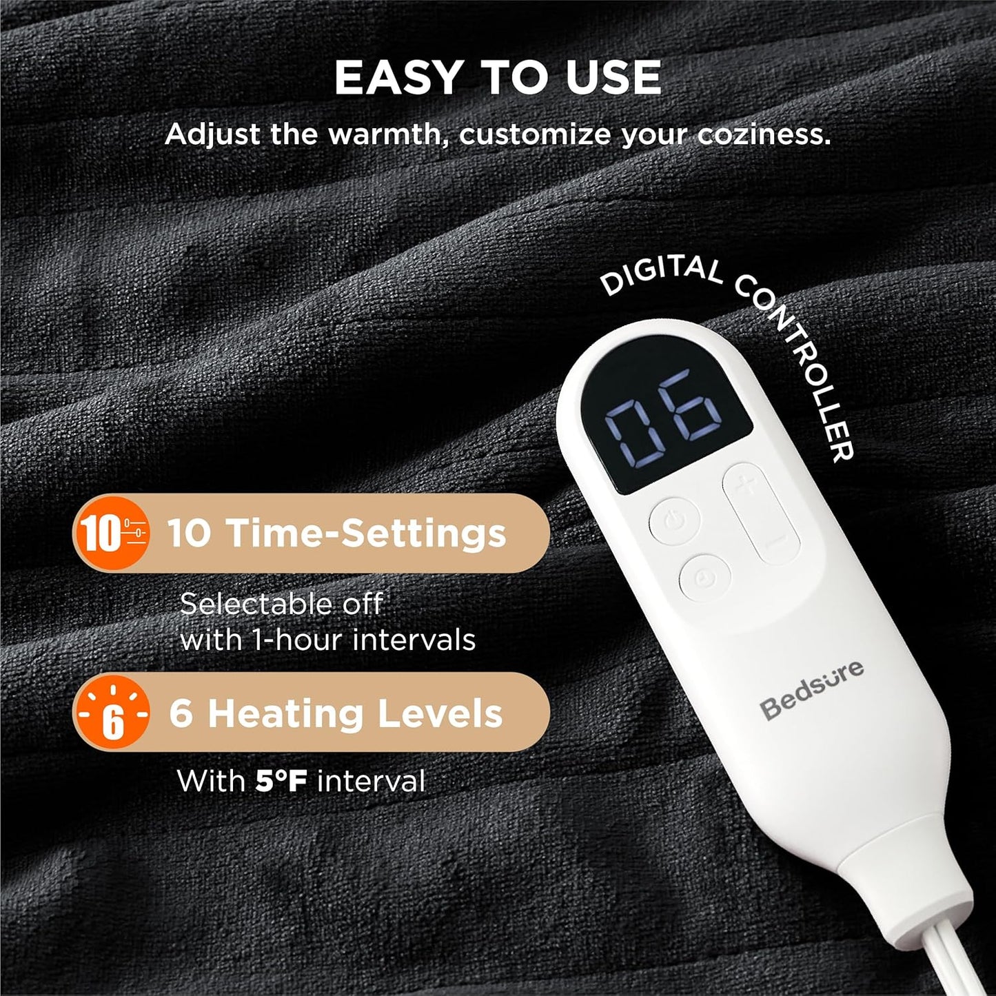 Bedsure Electric Blanket Twin - Soft Flannel Heated Blanket, Fast Heating with 10 Time Settings & 6 Heat Settings, Warm Gift for Grandma (62x84 inches, Black)