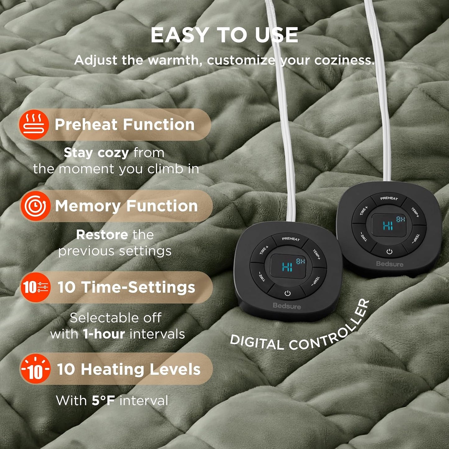 Bedsure Electric Blanket Queen Size - Dual Control Heated Weighted Blanket Queen with 10 Heat Settings, Fast Heating with 10 Time Settings (84x90 inches, Olive Green)