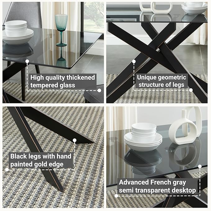 Modern Style Dining Table with Gray Tempered Glass Top and Black Metal Tubular Legs, 58.5”Lx29”Wx30”H
