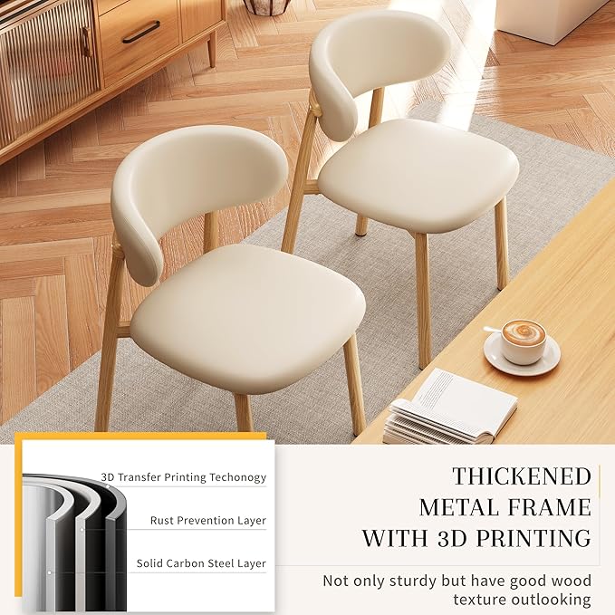 Kitchen Dining Chairs Set of 2 Modern Upholstered Leather Dining Room Chair with Metal Legs, Original/Beige