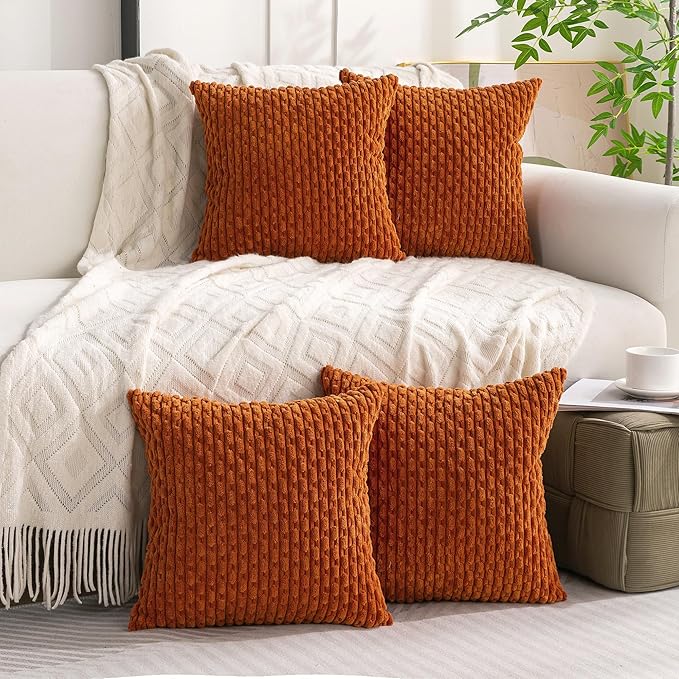 Set of 4 Burnt Orange Decorative Throw Pillow Covers 20x20 Inch Corduroy Pillow Covers for Bed Couch Sofa Living Room Soft Square Cushion Cases