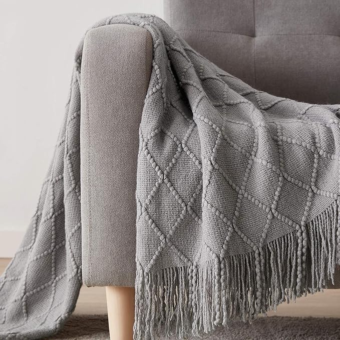 BOURINA Light Grey Throw Blanket 50x60 Inches Throw Textured Solid Soft Sofa Couch Decorative Knit Blanket