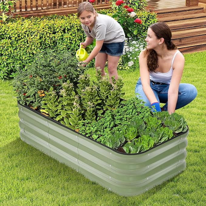 1MORE Raised Garden Bed -4X2X1 Galvanized Planter Box for Outdoor Gardening,3 in 1 Modular Raised Bed Kit with Protective Tape, Gloves for Herb，Ideal for Vegetables and Plants.Green-1Pcak