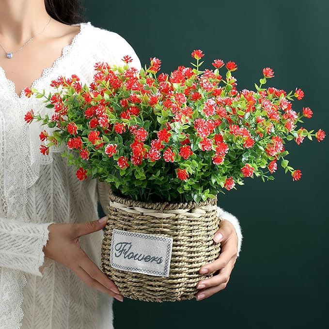 SITUMEIZI 8 Bundles Red Artificial Flowers Outdoor Fake Flower Plastic UV Resistant Shrubs Greenery Plants Hanging Decorations Garden Porch Window Box Farmhouse Outside Summer Indoor Decor