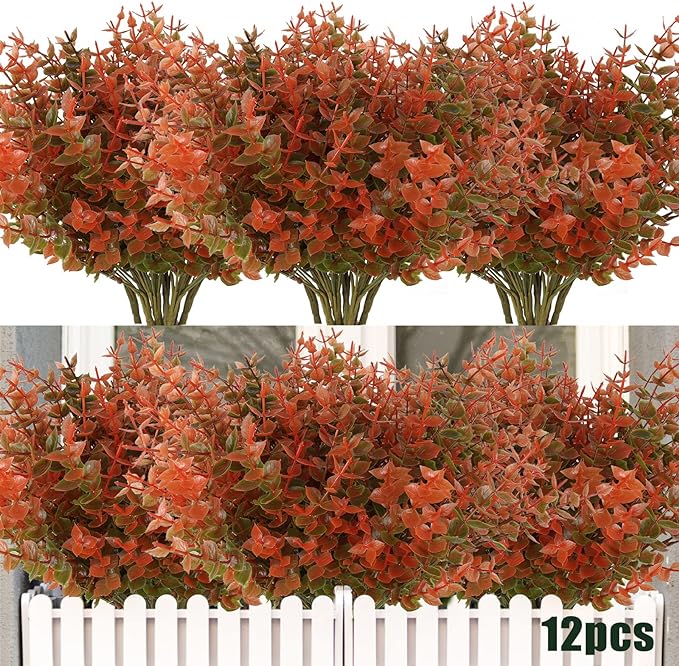 RECUTMS 12 Bundles Artificial Fall Flowers No Fade Faux Autumn Plants, Fake Indoor Outdoor Greenery Fall Decorations for Thanksgiving Christmas Wedding Party Home Garden Fireplace Décor