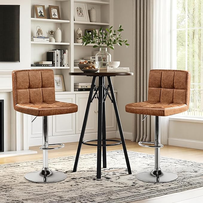 Yaheetech Bar Stools Set of 2, PU Leather Swivel Barstools, Height Adjustable Counter Chairs, Modern Stools with Back for Bar Kitchen Island Dining Room, Retro Brown
