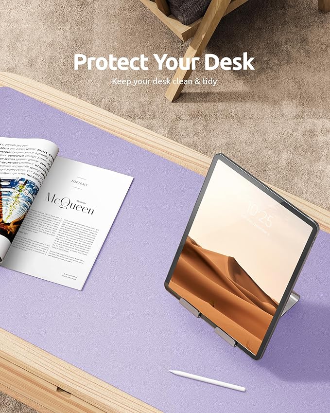 YSAGi Leather Desk Protector, Office Mat, Large Mouse Mat, Non-Slip PU Leather Blotter, Laptop Desk, Waterproof Writing Pad for Office and Home (Light Purple, 35.4" x 17")
