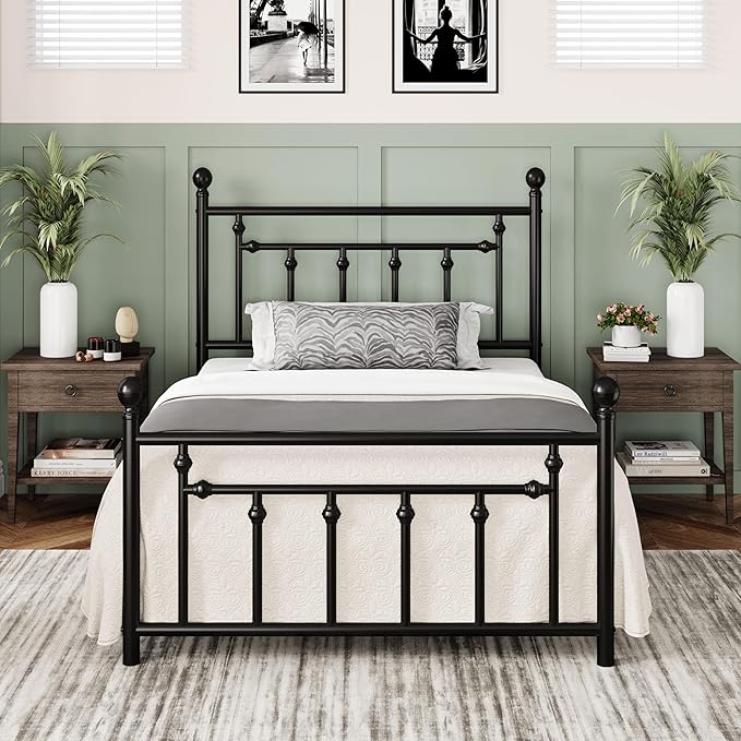 Allewie 14 Inch Twin Size Metal Platform Bed Frame with Victorian Vintage Headboard and Footboard/Mattress Foundation/Under Bed Storage/No Box Spring Needed/Easy Assembly/Noise Free/Black