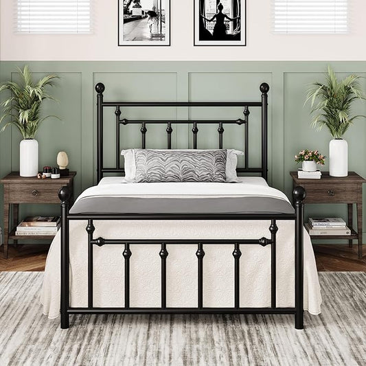 Allewie 14 Inch Twin Size Metal Platform Bed Frame with Victorian Vintage Headboard and Footboard/Mattress Foundation/Under Bed Storage/No Box Spring Needed/Easy Assembly/Noise Free/Black