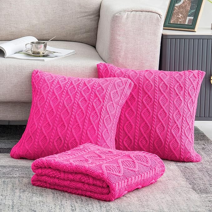 Homiest Hot Pink Cable Knit Throw Blanket 90 x 90 Inch, Queen Lightweight Acrylic Knitted With Diamond Texture, Soft & Cozy Decorative for Couch Bed Sofa