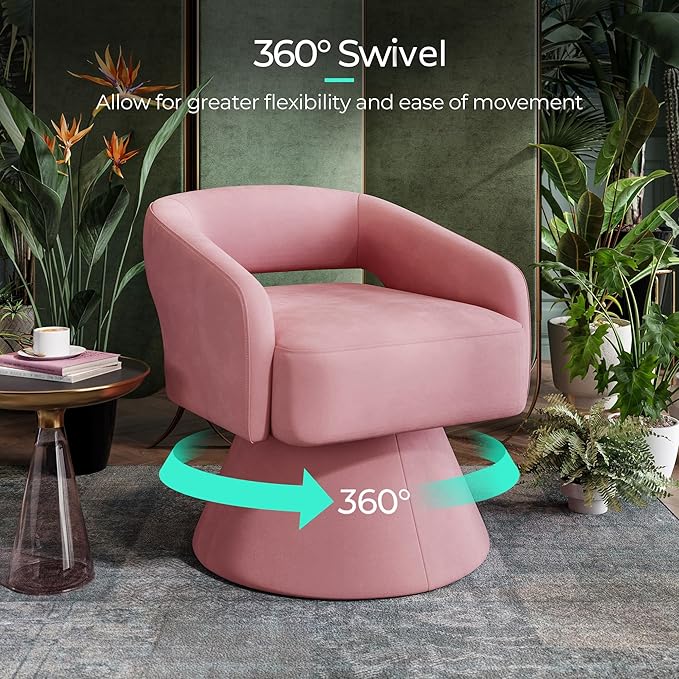 LINSY Swivel Barrel Chair, 360° Modern Swivel Accent Chairs with Arms, Boucle Swivel Chair Pink Velvet Chairs for Bedroom Living Room Small Spaces