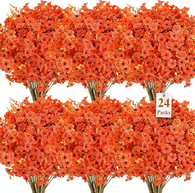 SHareconn 24 Bundles Artificial Fall Flowers for Outdoors Decoration,UV Resistant Silk Eucalyptus Lavender Faux Autumn Fake Plants for Outside Indoor Garden Yard Porch Home Decor,SunsetRedAutumnColour
