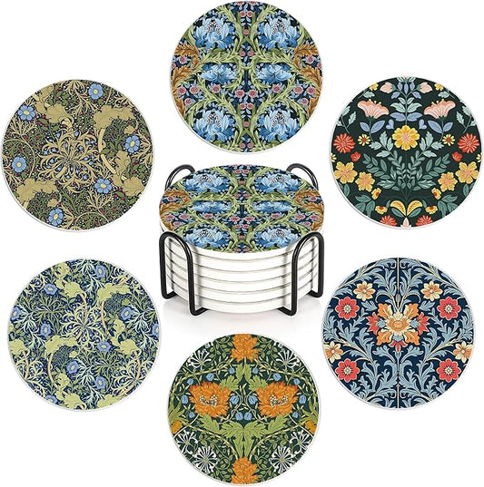 Coaster for Drinks Set of 6, Vintage Flower Absorbing Round Ceramic Stone Coaster with Cork Base,Tabletop Protection Mat for Mugs and Cups,Coffee Table Wine Glass Home Bar 4 Inch