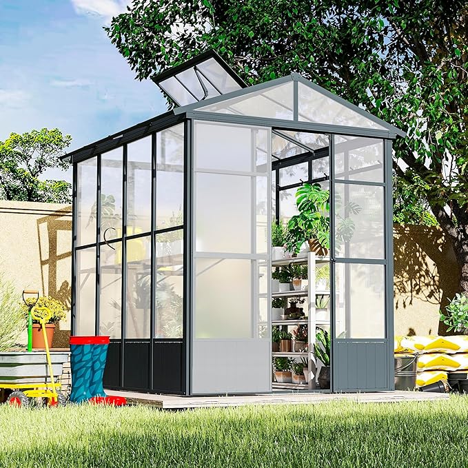 Domi 6.5x8FT Polycarbonate Greenhouse with Automatic Vent, Extra Tall 7.8FT Walk-in Aluminum Frame, Weather-Resistant Green House with Shelves & Hooks for Outdoor Garden, Backyard, Dark Grey