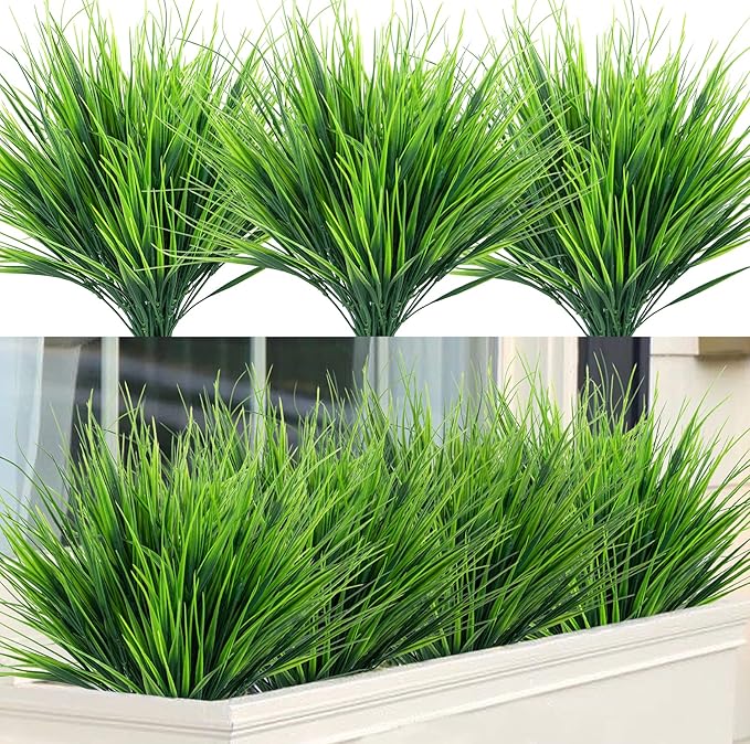 Ouddy Decor Artificial Wheat Grass Fake Plants Outdoor UV Resistant Greenery Stems Plastic Shrubs for Patio Garden Farmhouse Front Porch Window Box Home Decor, 10 Bundles