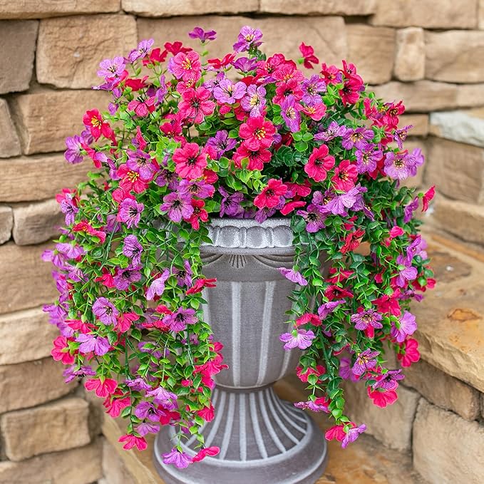 Artificial Faux Hanging Flowers Plants for Outdoor Decor, 2 PCS Outside Fake Silk Violets with Eucalyptus UV Resistant Realistic Daisy Trailing Vines for Planter Balcony Porch Patio Yard, Purplepink