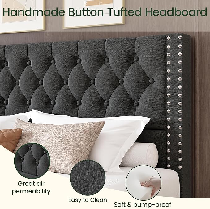 LARMACE King Size Bed Frame with 4 Storage Drawers and Tufted Headboard Linen Upholstered Platform Bed Frame with Heavy Duty Wood Slats, No Box Spring Needed, Easy Assembly, Grey