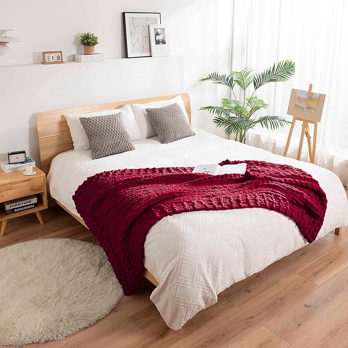 clootess Chunky Knit Blanket Chenille Throw - Warm Soft Cozy for Sofa Bed Boho Home Decor (Red 40x60 in)