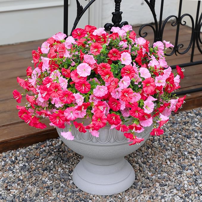 Artificial Flowers for Outdoor, Fake Flowers Faux Plants for Outside Indoor, 4PCS Summer Decor, Morning Glory Petunia UV Resistant, for Garden Porch Window Box Home Planters Farmhouse (Darklightpink)