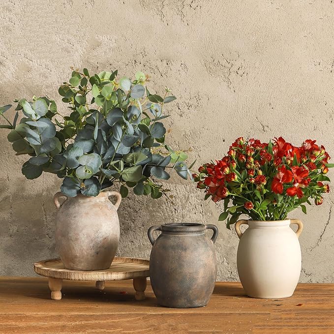 Ceramic Flower Vase 7.6 inch Farmhouse Rustic Vase Decorative Pottery Terracotta Vases for Home Decor Table Mantle Fireplace Living Room Bathroom Wedding Centerpiece