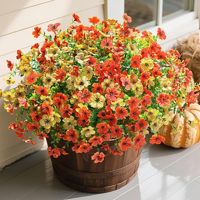 Ivydale Fall Flowers Artificial for Decoration Outdoors Fake Mums 12 Bundles Faux Planters UV Resistant Look Real for Autumn Home Porch Patio Garden Yard, Orange Yellow