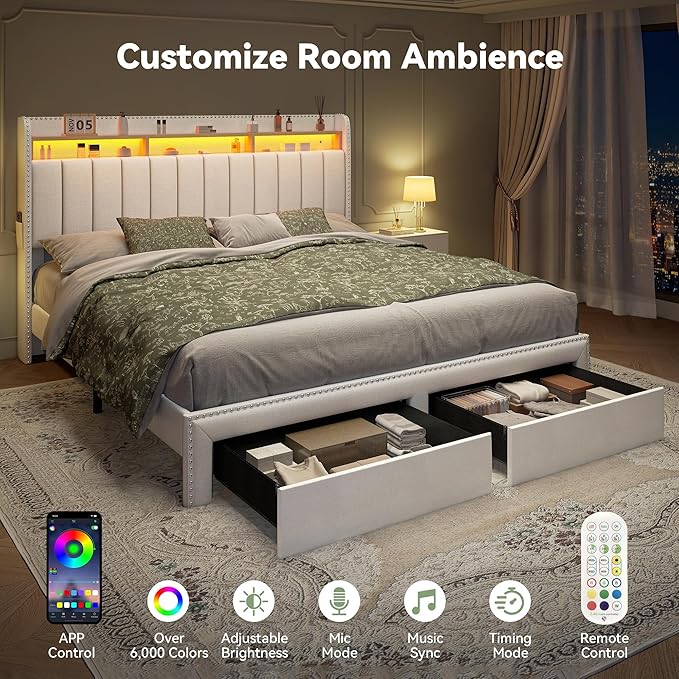 Torana King LED Bed Frame with 2 Drawers, Linen Upholstered Storage Wingback Headboard Beds, Channel Tufted Platform Bedframe with Rivet Decor, No Box Spring Needed, Natural