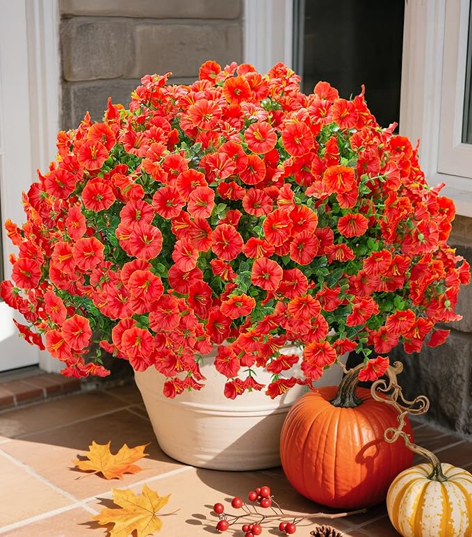 Fake Fall Flowers Artificial Flowers Plants for Outdoors Autumn Decoration, 12 Bundles Orange Silk Morning Glory with Eucalyptus Realistic UV Resistant Faux Flower Greenery for Outside Yard Garden