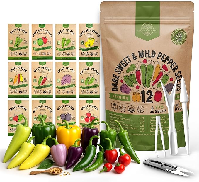 Organo Republic 12 Rare Sweet & Mild Pepper Seeds Variety Pack - 770+ Non-GMO Heirloom Pepper Seeds for Outdoor and Indoor Home Gardening, Including Pepper Anaheim, Pepperonchini, Pimento, Lilac Bell