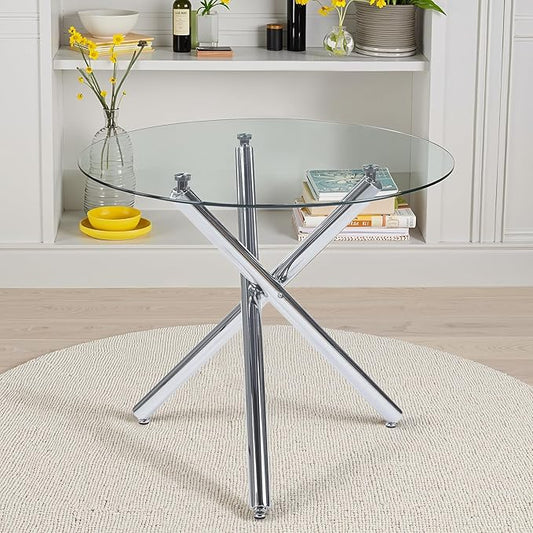 Kitchen Table Classic Dining Table for 4 Round Glass Dining Table 35.43" Kitchen & Dining Room Tables with Metal Legs and Glass Tabletop for Dining Room and Apartment, Silver