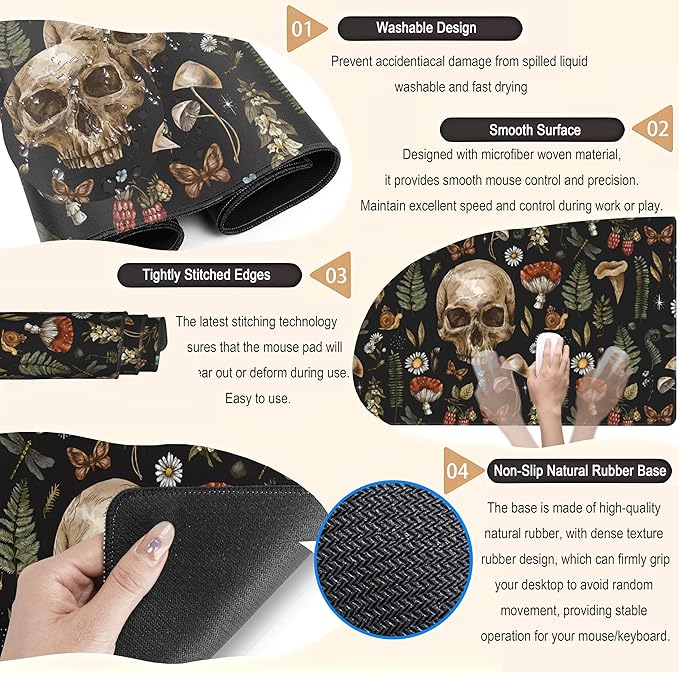 Cool Skull Desk Mat Floral Mouse Pad Black Mushroom Plants Goth Desk Pad XXL Large Gaming Mousepad Laptop Computer Keyboard Mouse Mat 31.5x15.75 in, Office Desk Mats Decor Accessories for Women