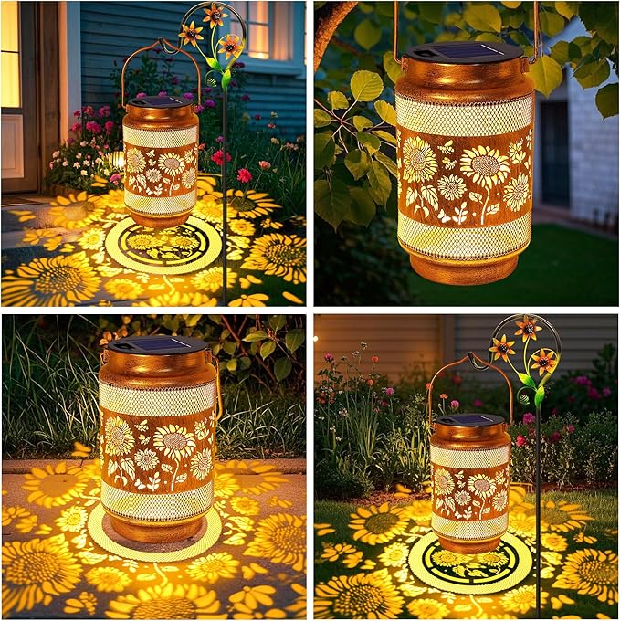 Sunflower Solar Lanterns Outdoor Waterproof with Shepherd Hook, Sunflower Birthday Gifts for Christmas Women Mom Grandma, Metal Solar Hanging Lights Garden Decor for Outside Yard Patio Pathway