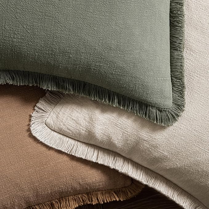 MIULEE Decorative Throw Pillow Covers Neutral Linen Fringe Throw Pillows Set of 2 Brown Boho Farmhouse Cushion Covers with Tassels for Couch Sofa Bed Living Room Spring Home Decor 20x20 Inch