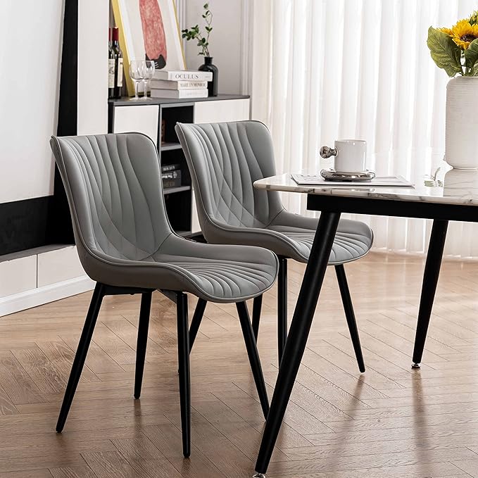 YOUTASTE Grey Dining Chairs Set of 2 Faux Leather Upholstered Kitchen Dining Room Chairs Mid Century Modern Metal Legs Chairs High Back for Kitchen Restaurant Living Room Bedrooms