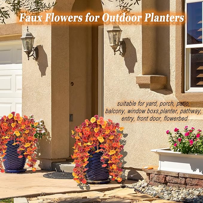 Artificial Hanging Flowers for Outdoors, 4 pcs Faux Mums for Outdoor Planters, UV Resistant Morning Glory Fake Mums for Yard Patio Lawn Garden, Real Touch Silk Flowers Fall Porch Decor