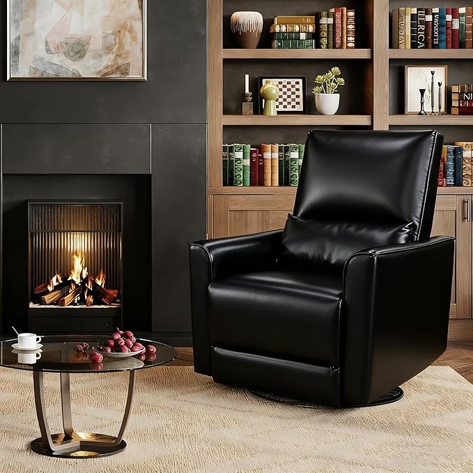 GarveeHome Recliner Chair, 360° Swivel Rocker Glider Nursery Chair with Padded Armrest and Deep Seat, PU Leather Upholstered Reclining Sofa Chair for Living Room, Bedroom and Nursery (Charcoal)