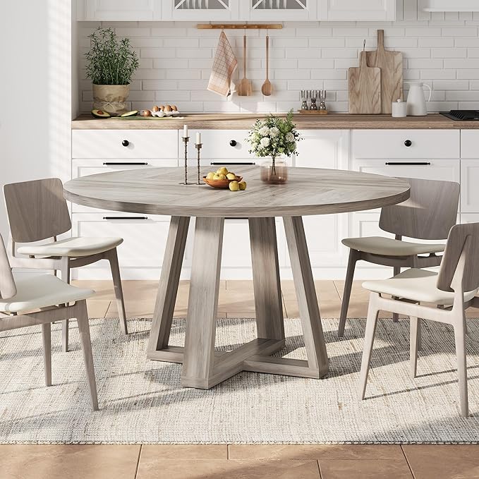 GAOMON Round Dining Table for 4-6, 47" Circle Dining Room Table with Sturdy Cross Base, Farmhouse Wood Dinner Table for Apartment Kitchen Living Room, Grey (Table Only)