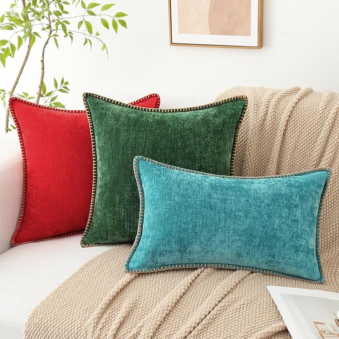 decorUhome Chenille Soft Throw Pillow Covers 16x16 Set of 2, Farmhouse Velvet Neutral Decorative Euro Pillow Covers with Stitched Edge for Couch Sofa Bed Home Decor, Turquoise