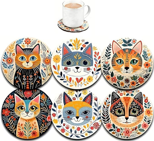 Coasters Set of 6, Wood Coasters for Drinks - Handcrafted Cat Design Thick Heat-Resistant for Beer, Coffee, Office, Bar, Farmhouse Home Decor, Tabletop Protection, for All Cups