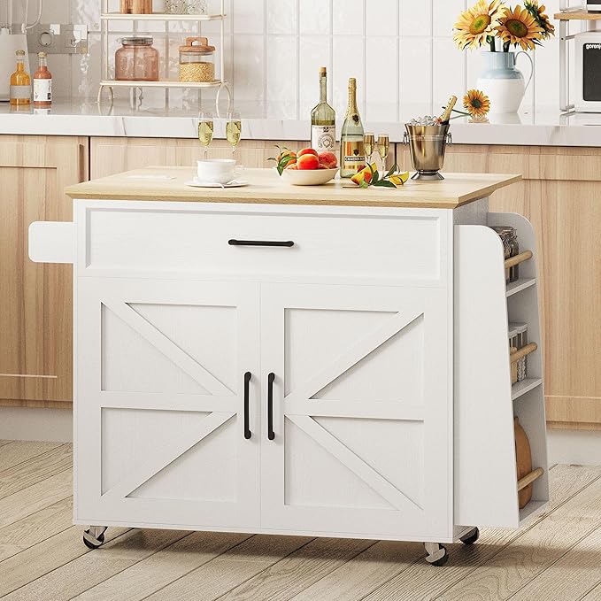 IRONCK Kitchen Island Table with Storage, Rolling Kitchen Cart with Power Outlet, Storage Cabinets on Wheels with Drop Leaf, Portable for Dining Room, White