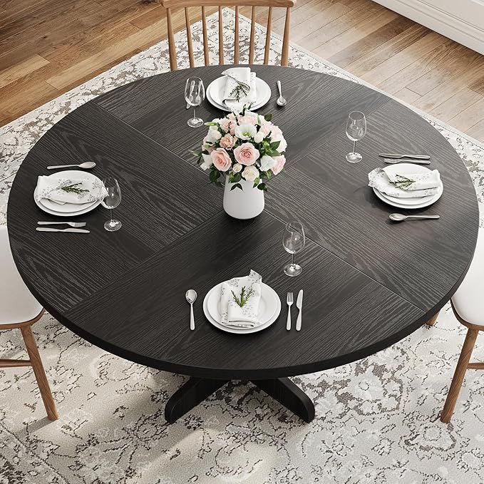 IDEALHOUSE Round Dining Table for 4, 47 Inches Dining Room Table with Wooden Base, Circle Kitchen Dinner Table for Dining Room, Kitchen, Living Room (Table Only), Black