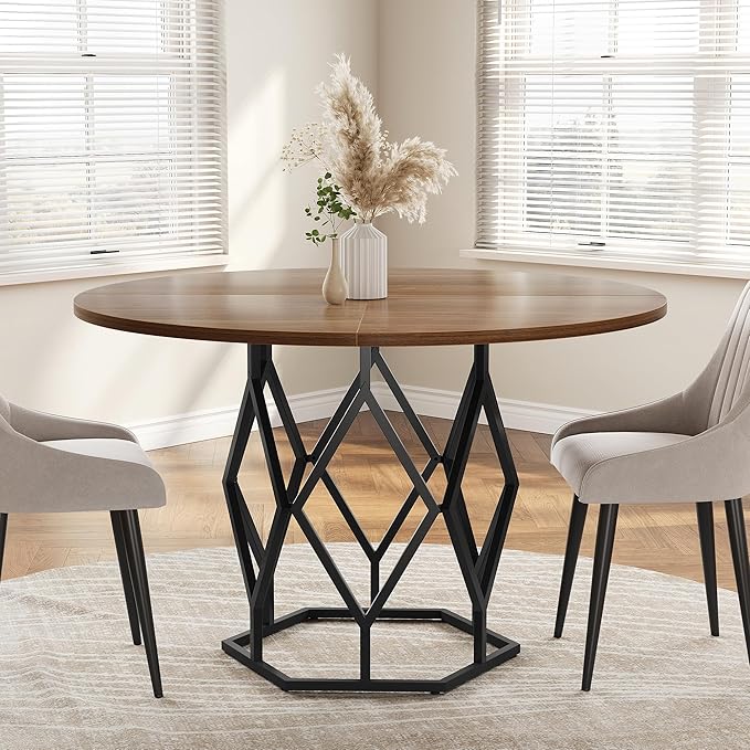 IDEALHOUSE 47 Inch Round Dining Table, Farmhouse Dining Kitchen Table for 4-6 People, Kitchen & Dining Room Tables, Circle Kitchen Table for Kitchen, Dining Room, Living Room, Brown